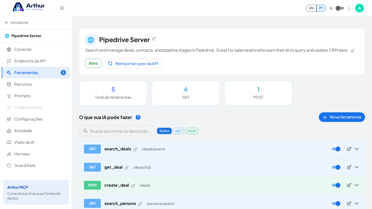 Revise as ferramentas geradas a partir do template Pipedrive