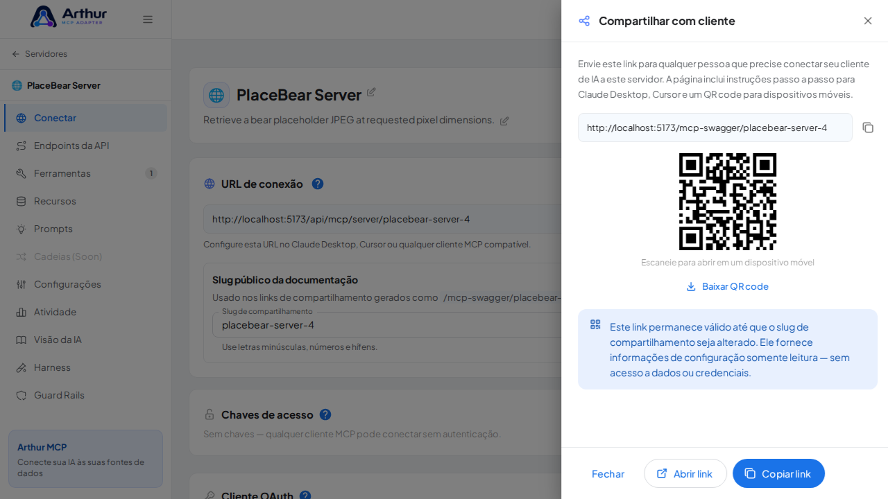 Abra o painel de compartilhamento da documentação swagger MCP