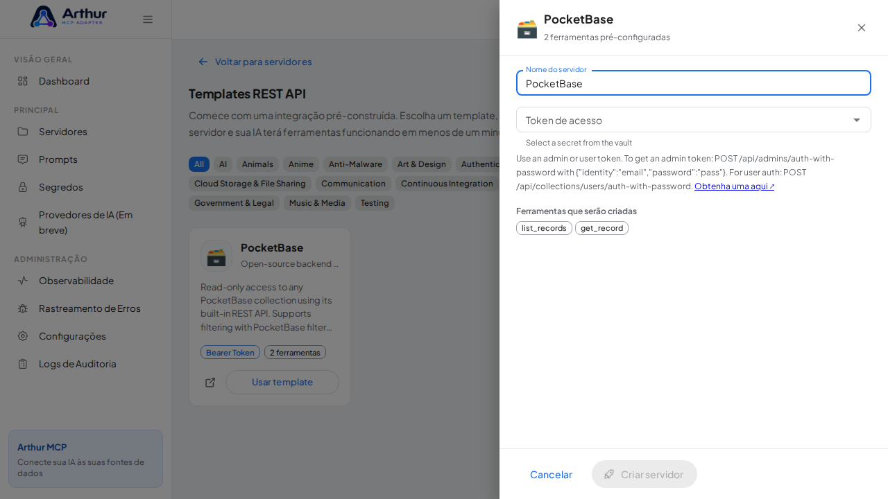 Abra o template PocketBase com suas ferramentas pré-configuradas