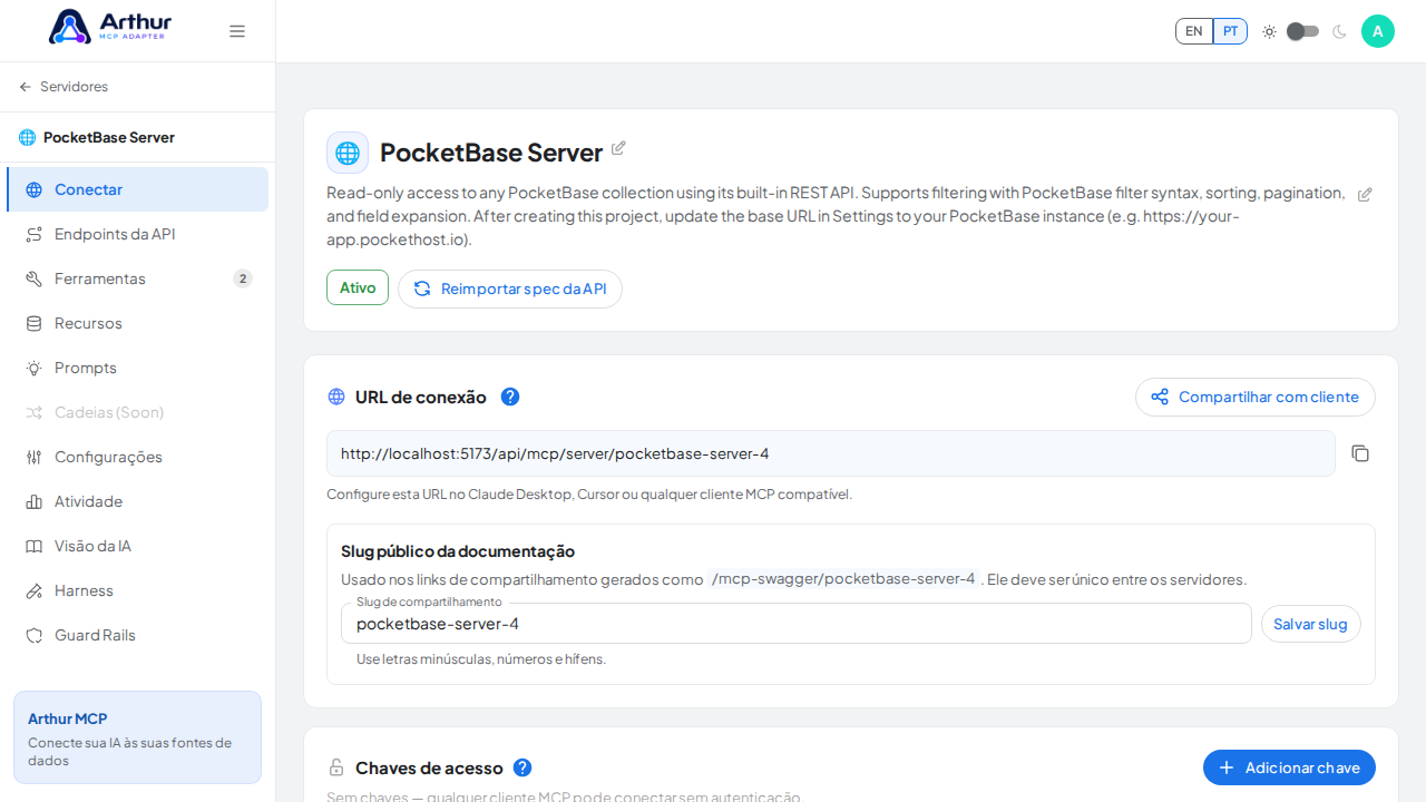 Abra a seção Conectar do servidor, onde ficam o endpoint MCP e sua documentação