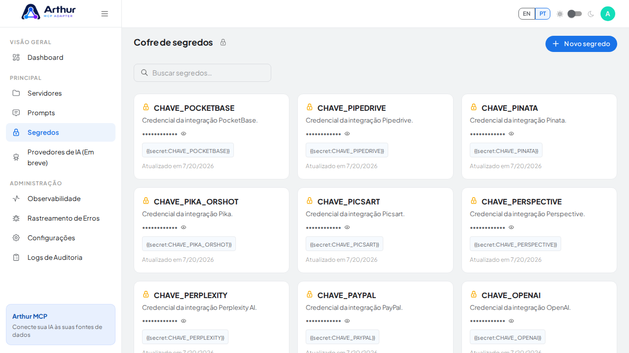 Abra o Cofre de segredos para guardar a credencial do Quip antes de usar o template
