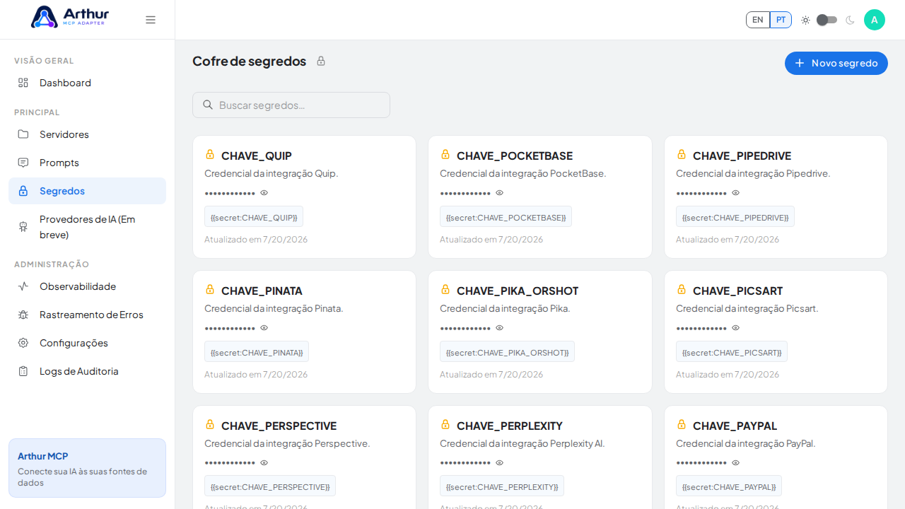 Abra o Cofre de segredos para guardar a credencial do RAWG antes de usar o template