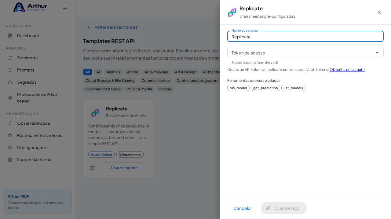 Abra o template Replicate com suas ferramentas pré-configuradas
