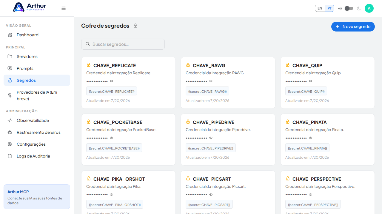 Abra o Cofre de segredos para guardar a credencial do RescueGroups antes de usar o template