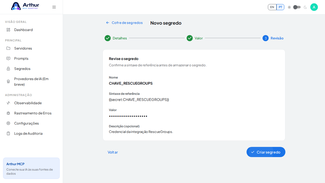 Revise a sintaxe de referência gerada para o segredo