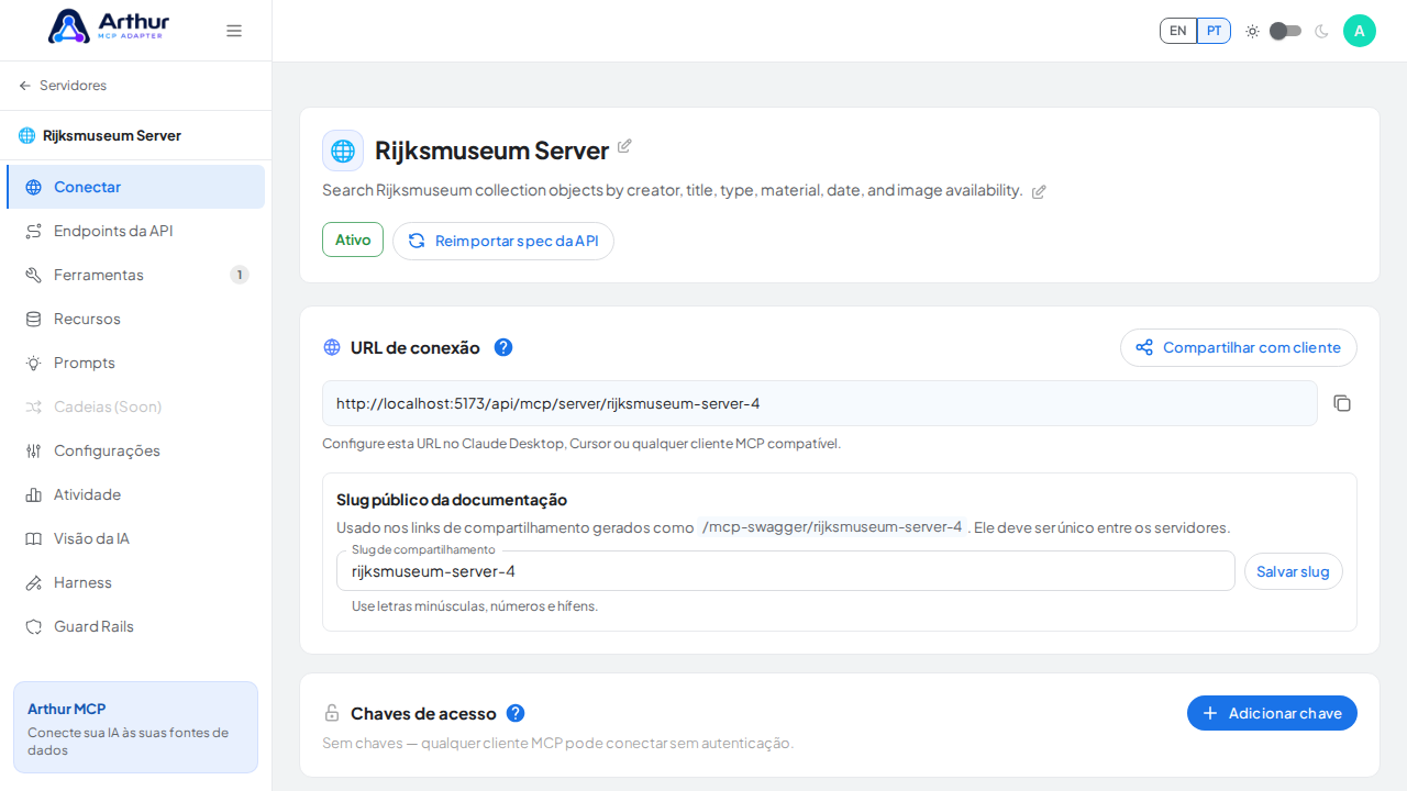 Abra a seção Conectar do servidor, onde ficam o endpoint MCP e sua documentação