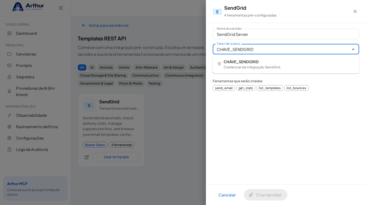 Escolha o segredo CHAVESENDGRID nas sugestões do cofre