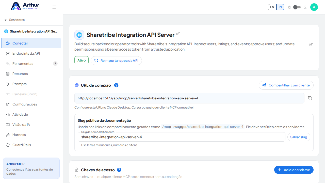 Abra a seção Conectar do servidor, onde ficam o endpoint MCP e sua documentação