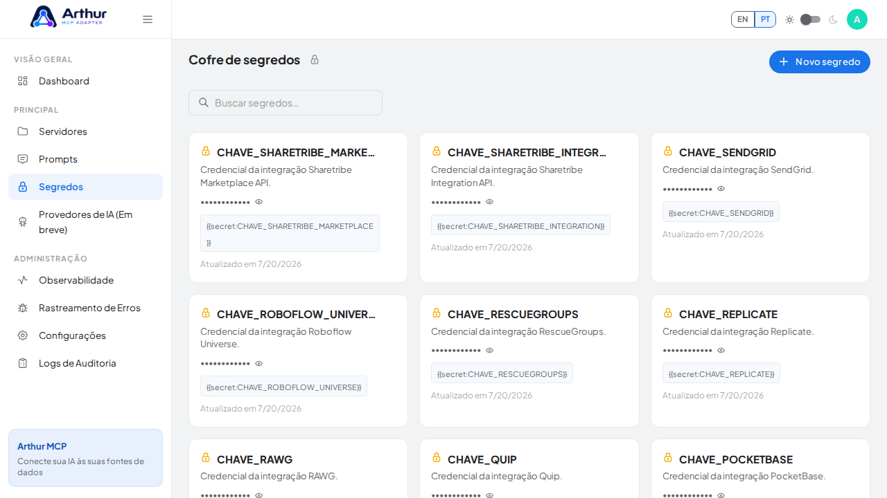 Abra o Cofre de segredos para guardar a credencial do Shopify antes de usar o template