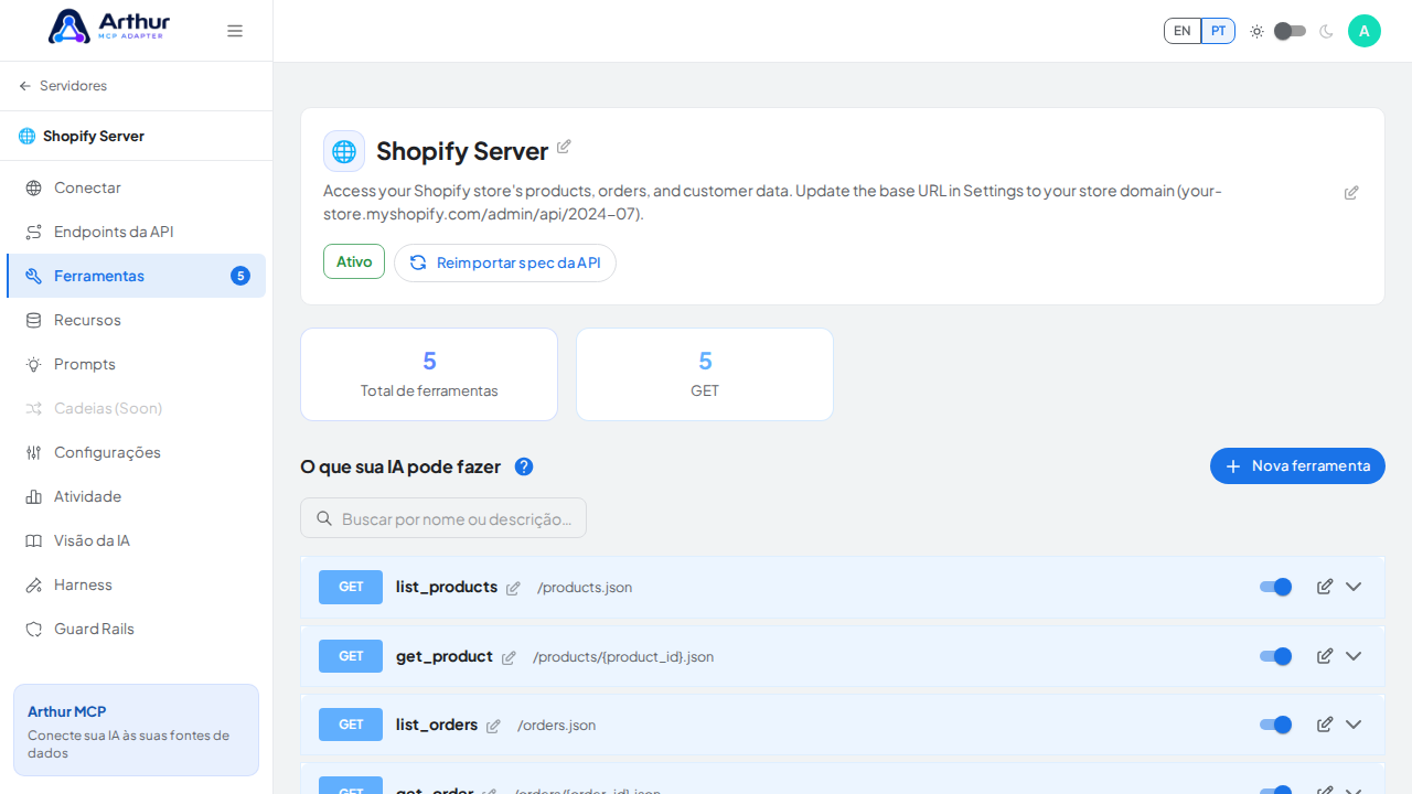 Revise as ferramentas geradas a partir do template Shopify