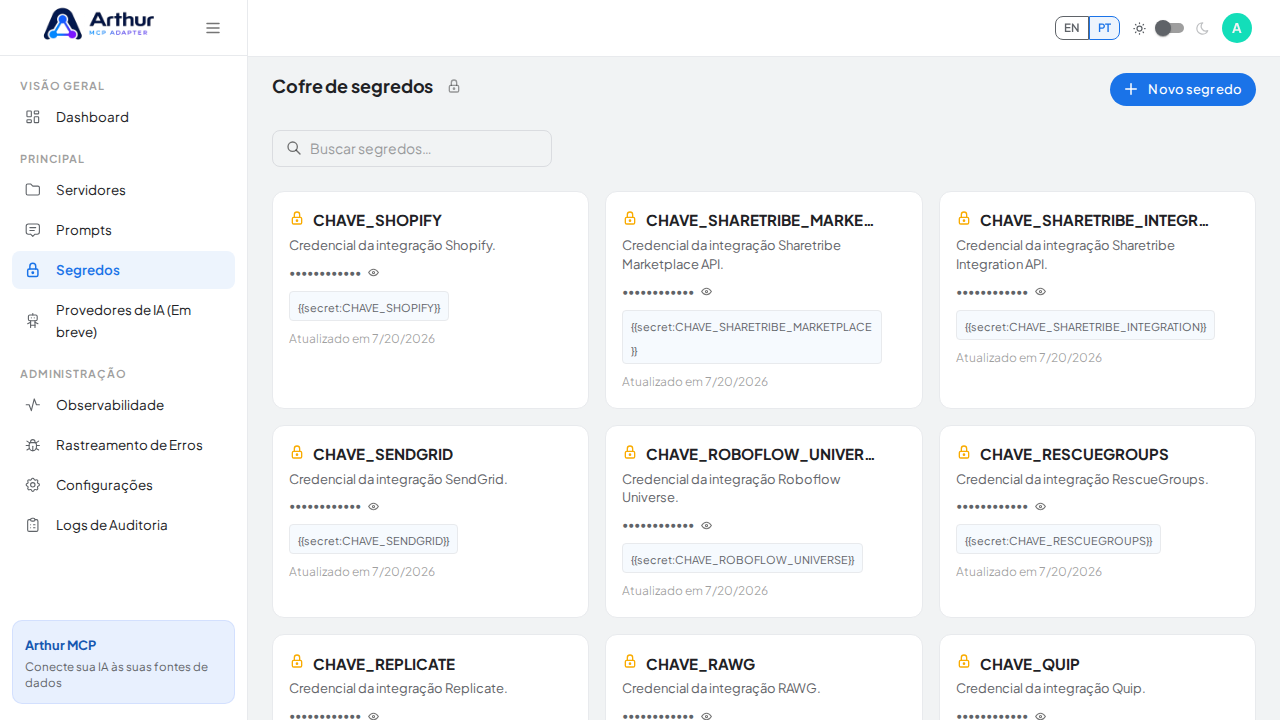 Abra o Cofre de segredos para guardar a credencial do Slack antes de usar o template