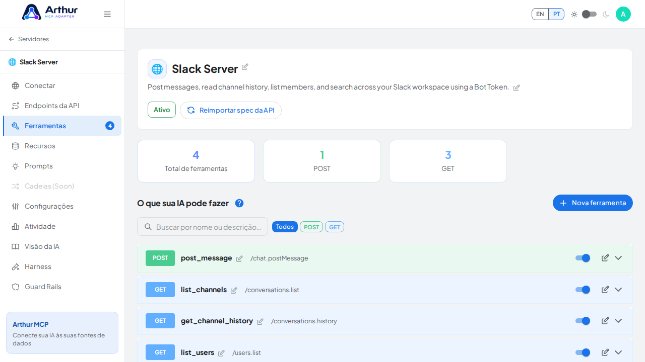 Revise as ferramentas geradas a partir do template Slack
