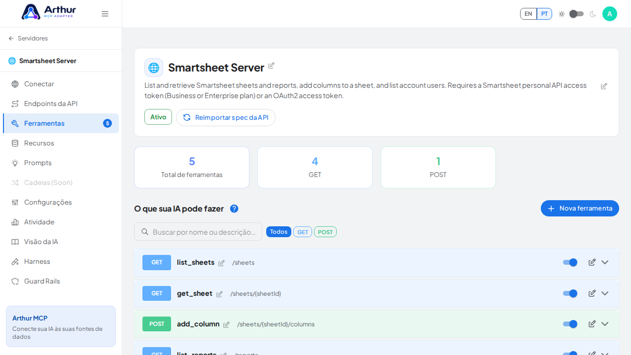 Revise as ferramentas geradas a partir do template Smartsheet