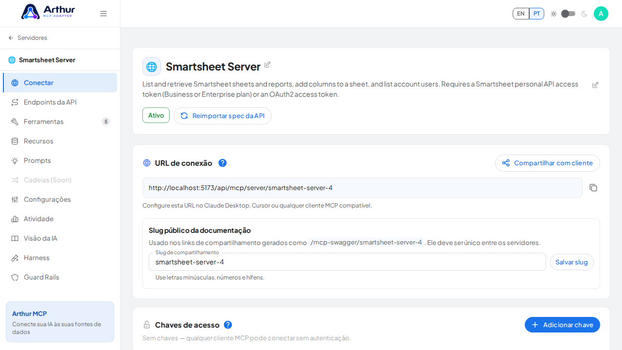 Abra a seção Conectar do servidor, onde ficam o endpoint MCP e sua documentação