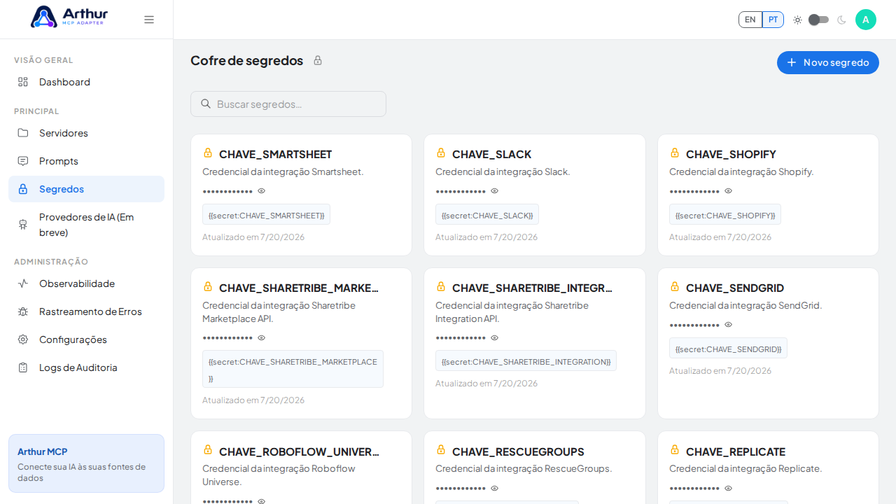 Abra o Cofre de segredos para guardar a credencial do Spotify antes de usar o template
