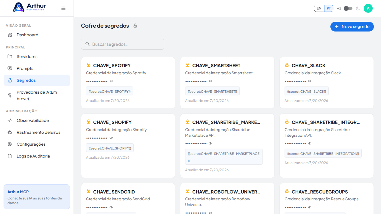 Abra o Cofre de segredos para guardar a credencial do Square antes de usar o template