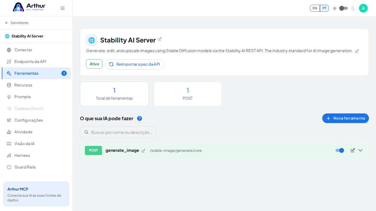 Revise as ferramentas geradas a partir do template Stability AI