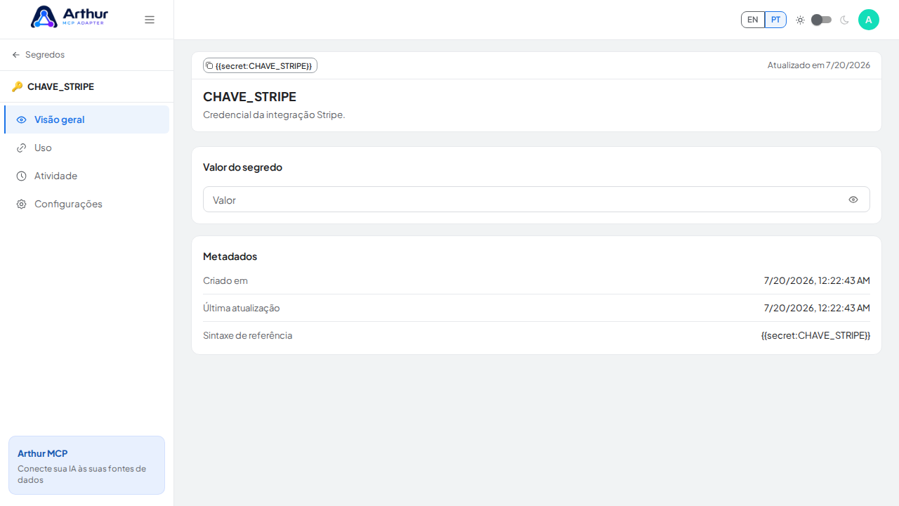 Armazene o segredo CHAVESTRIPE no cofre