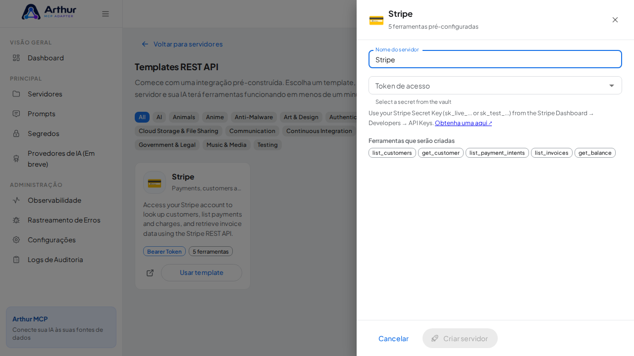 Abra o template Stripe com suas ferramentas pré-configuradas