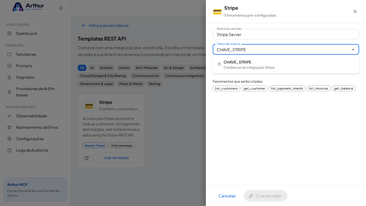 Escolha o segredo CHAVESTRIPE nas sugestões do cofre