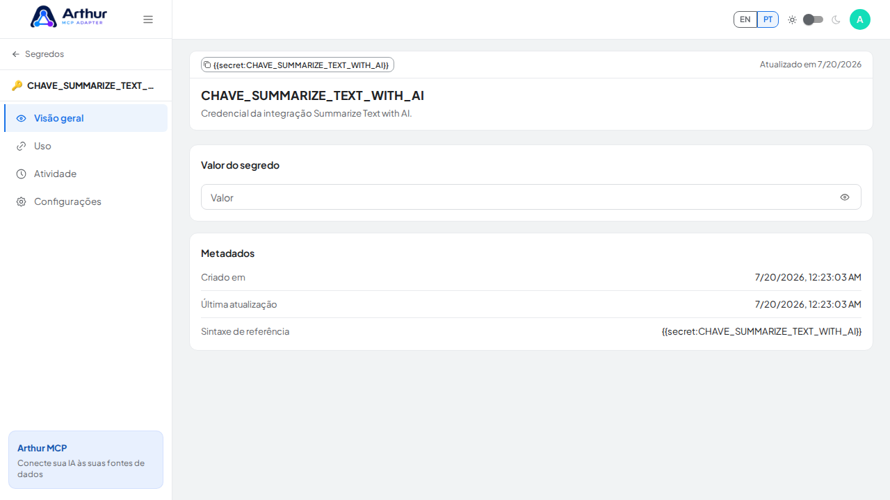 Armazene o segredo CHAVESUMMARIZETEXTWITHAI no cofre