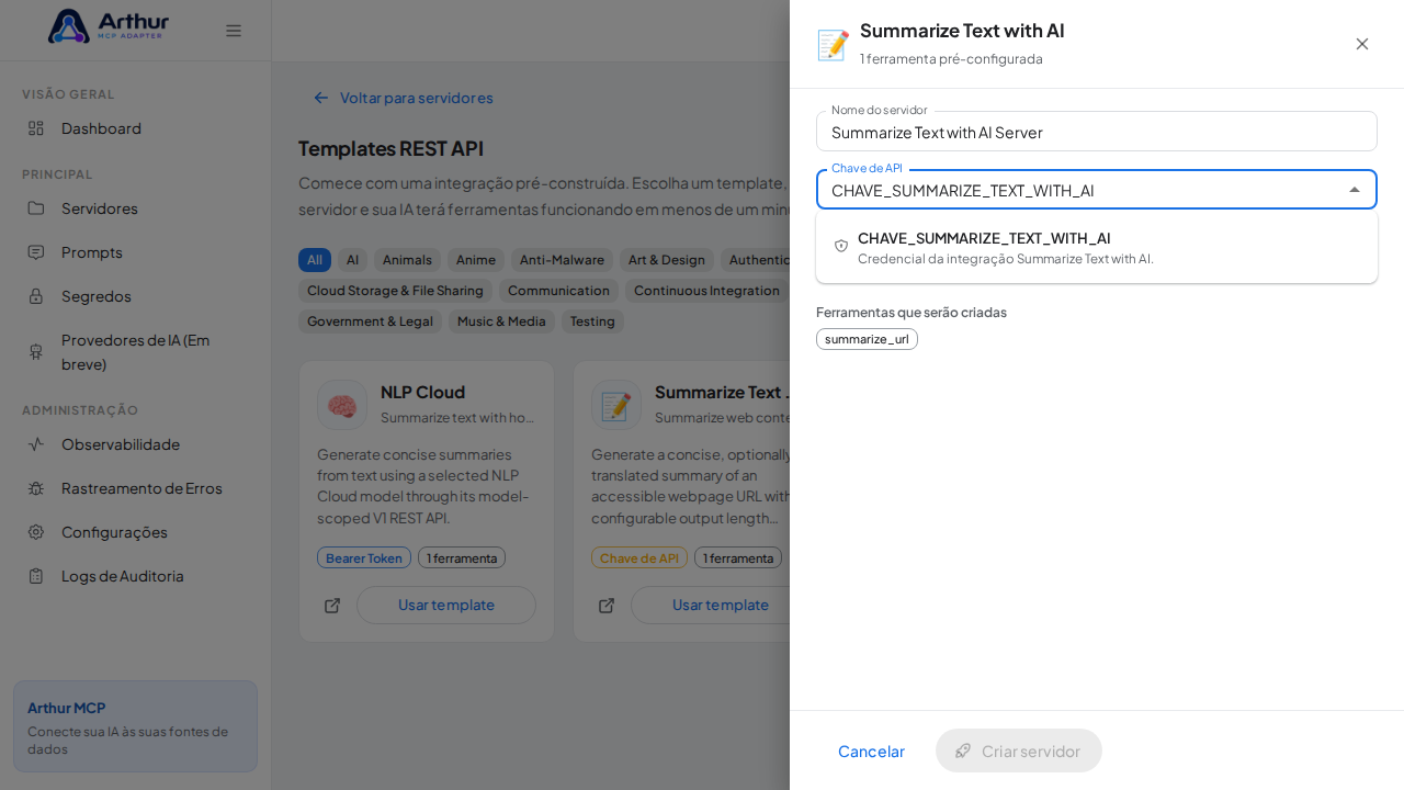 Escolha o segredo CHAVESUMMARIZETEXTWITHAI nas sugestões do cofre