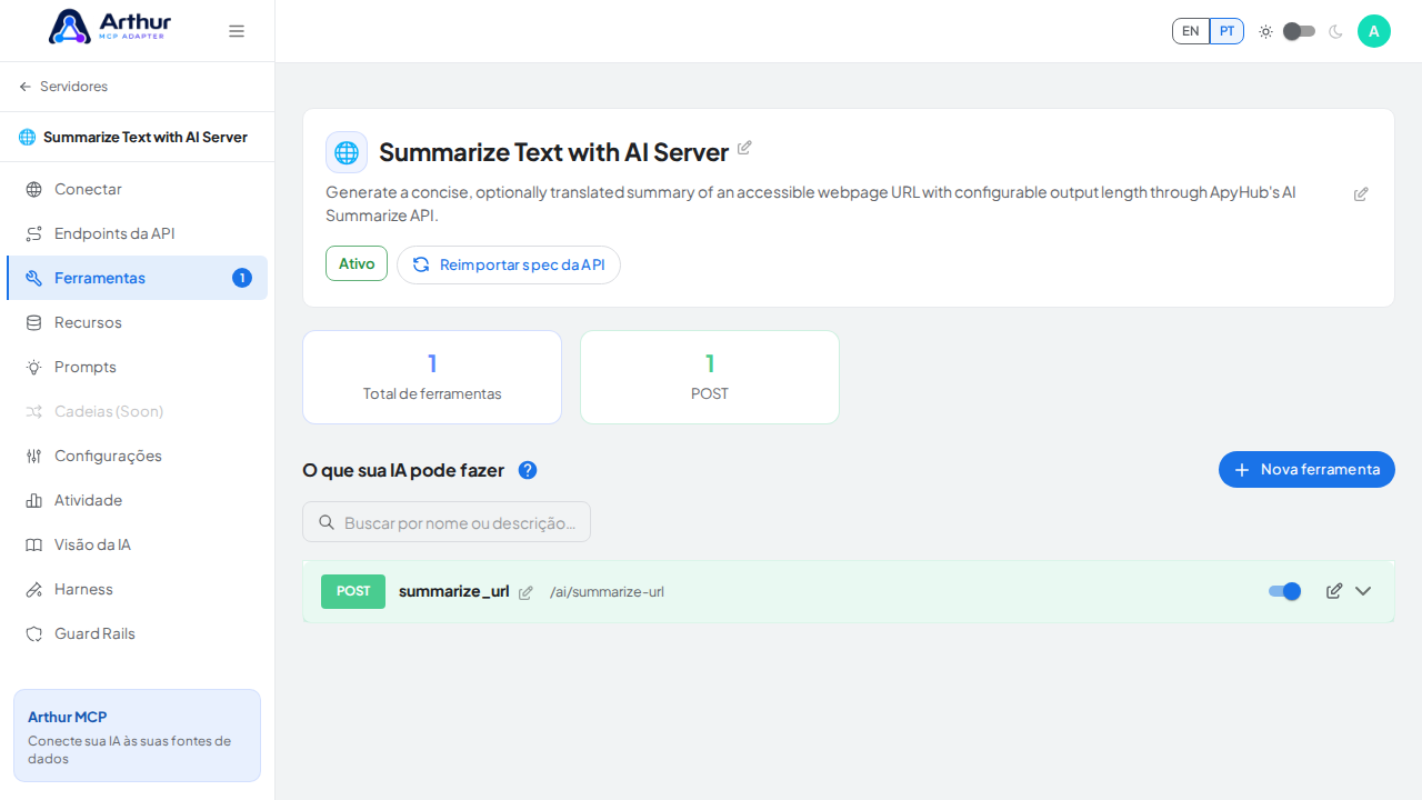 Revise as ferramentas geradas a partir do template Summarize Text with AI