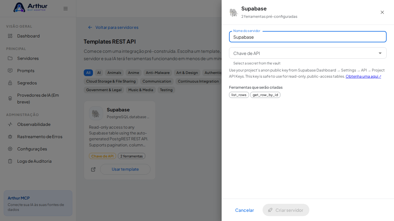 Abra o template Supabase com suas ferramentas pré-configuradas