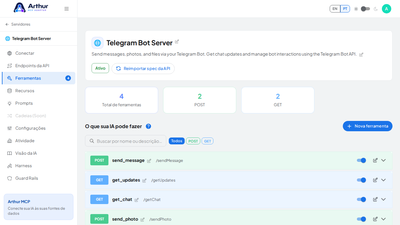 Revise as ferramentas geradas a partir do template Telegram Bot