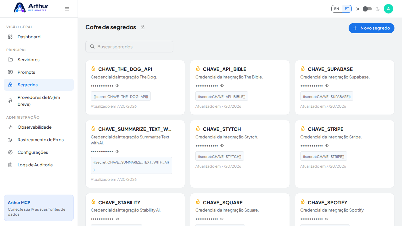 Abra o Cofre de segredos para guardar a credencial do The Movie Database antes de usar o template