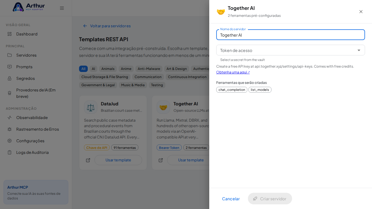 Abra o template Together AI com suas ferramentas pré-configuradas