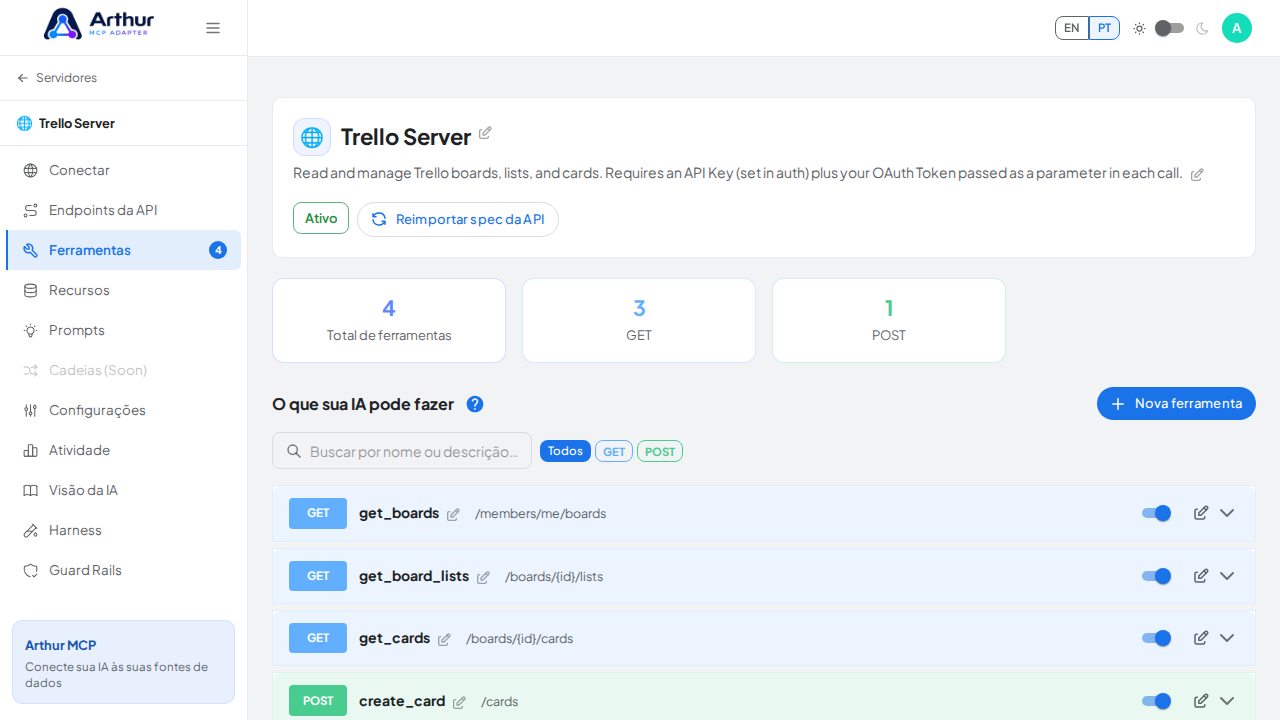 Revise as ferramentas geradas a partir do template Trello
