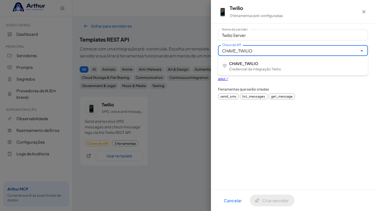 Escolha o segredo CHAVETWILIO nas sugestões do cofre