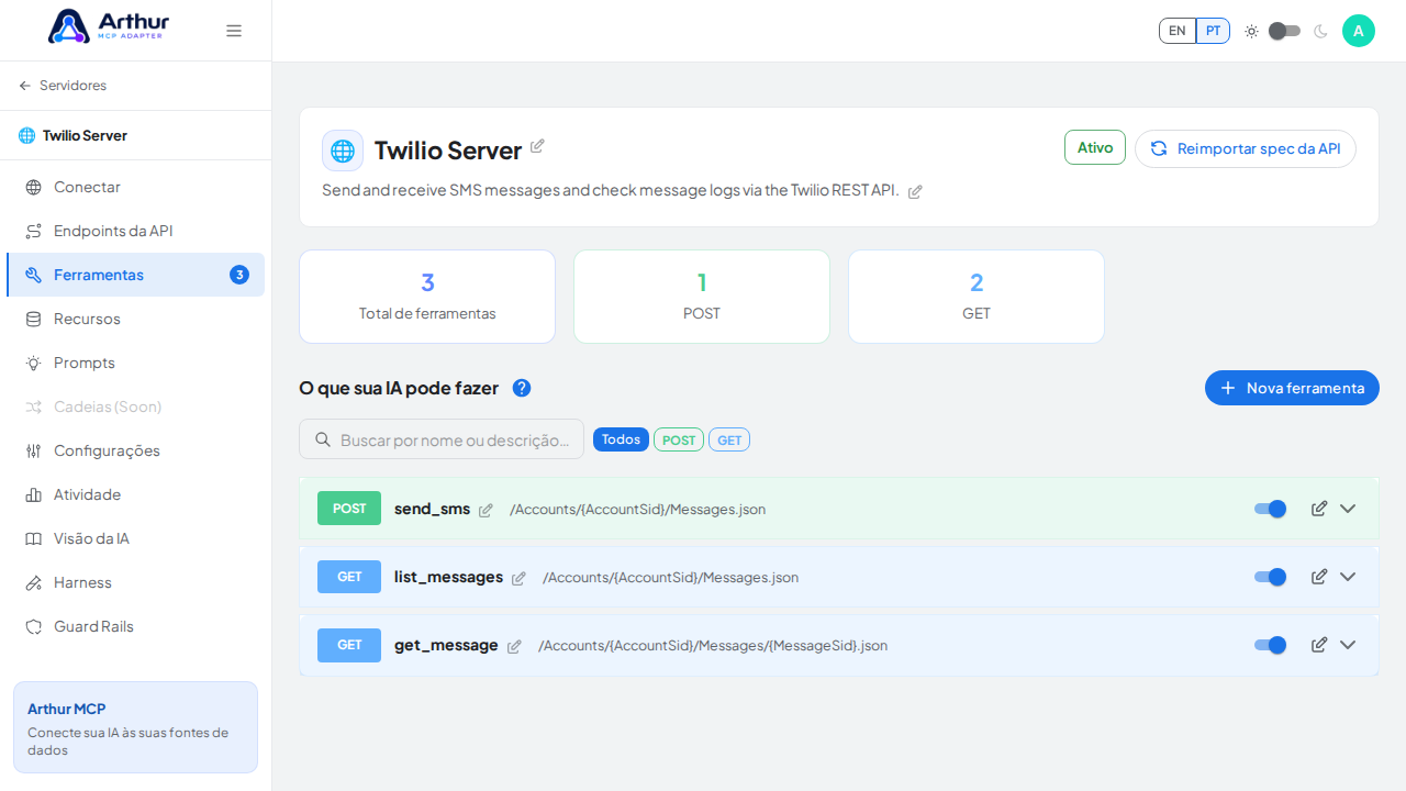 Revise as ferramentas geradas a partir do template Twilio