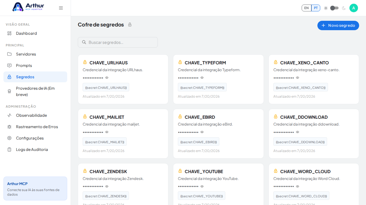 Abra o Cofre de segredos para guardar a credencial do Unplugg antes de usar o template