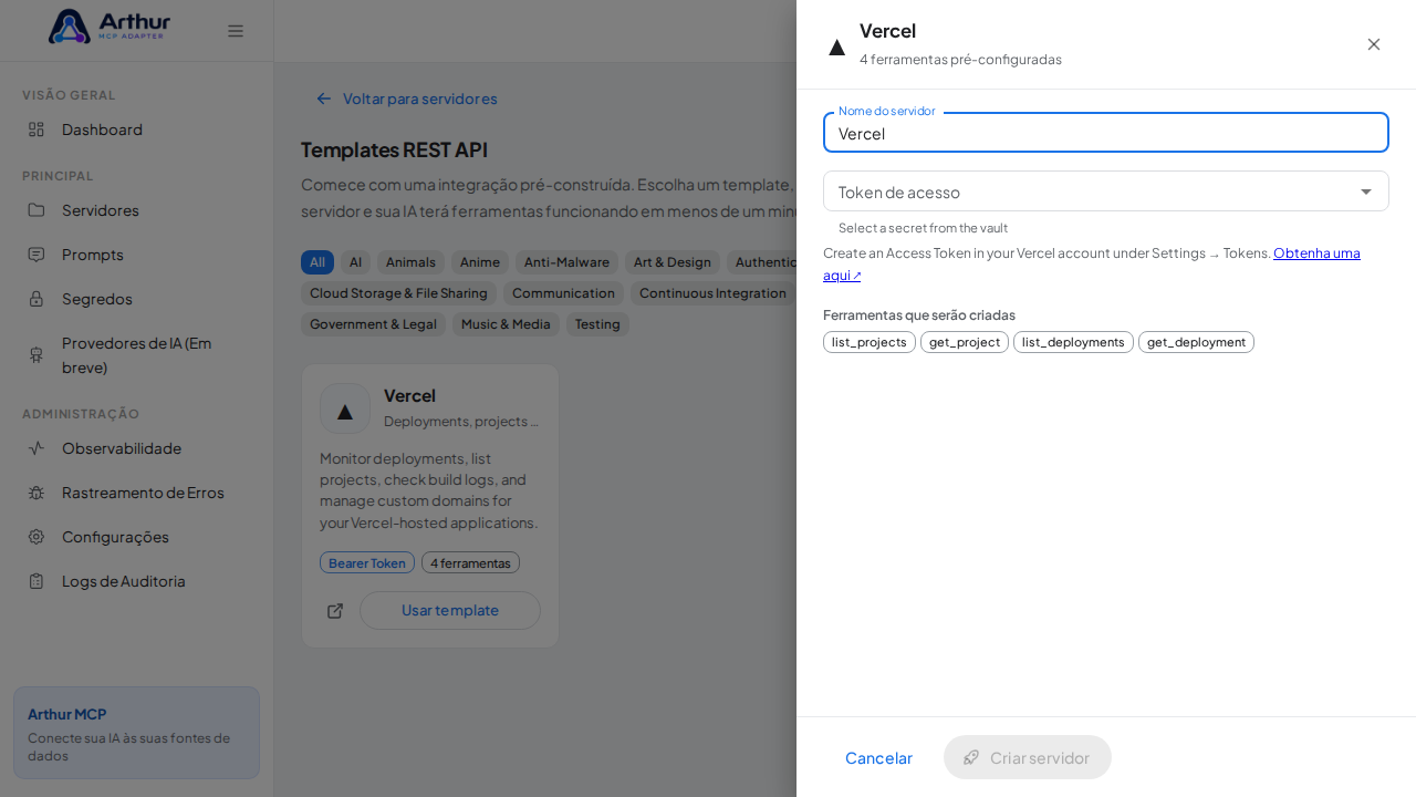 Abra o template Vercel com suas ferramentas pré-configuradas