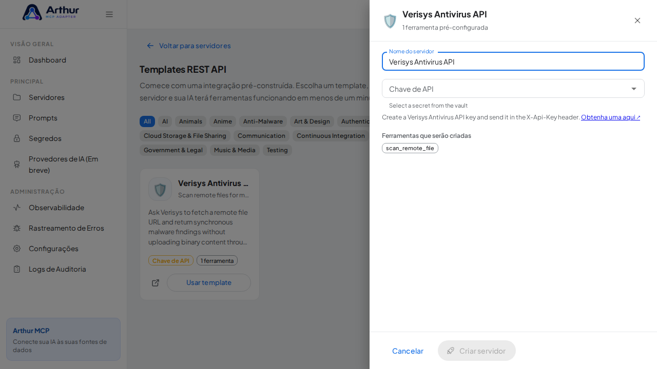Abra o template Verisys Antivirus API com suas ferramentas pré-configuradas