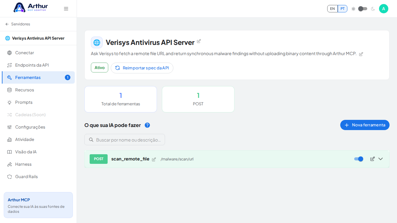 Revise as ferramentas geradas a partir do template Verisys Antivirus API
