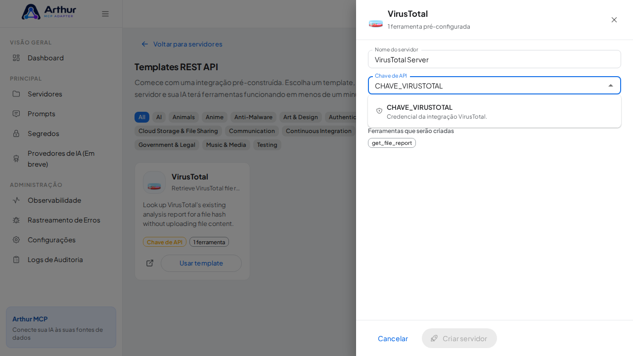 Escolha o segredo CHAVEVIRUSTOTAL nas sugestões do cofre