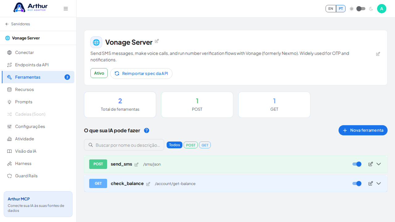 Revise as ferramentas geradas a partir do template Vonage