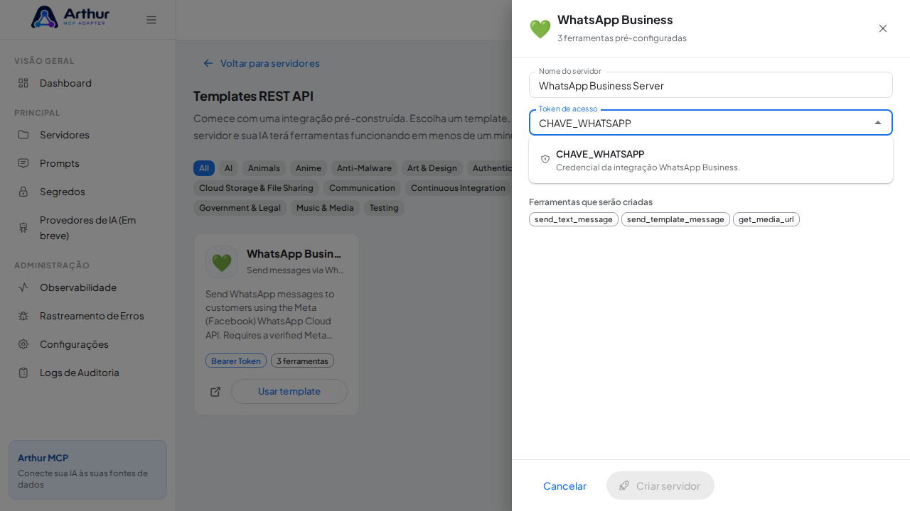 Escolha o segredo CHAVEWHATSAPP nas sugestões do cofre