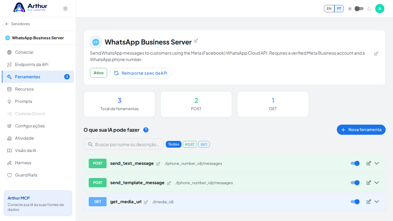 Revise as ferramentas geradas a partir do template WhatsApp Business