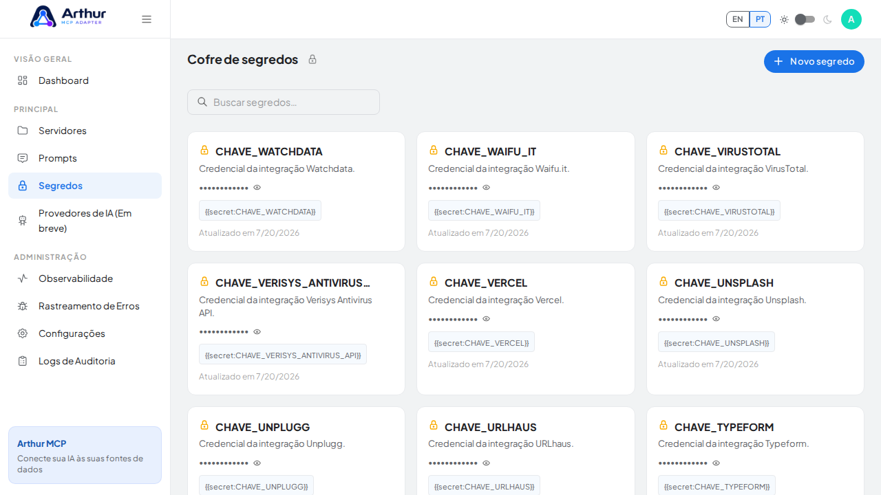 Abra o Cofre de segredos para guardar a credencial do WolframAlpha antes de usar o template
