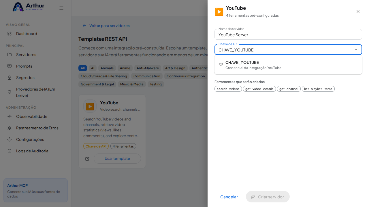 Escolha o segredo CHAVEYOUTUBE nas sugestões do cofre