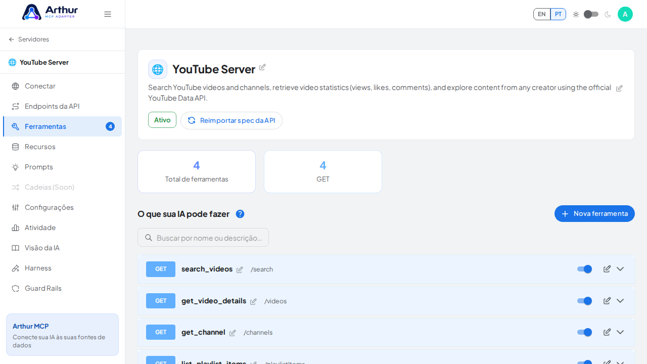 Revise as ferramentas geradas a partir do template YouTube