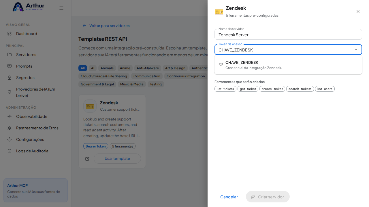 Escolha o segredo CHAVEZENDESK nas sugestões do cofre