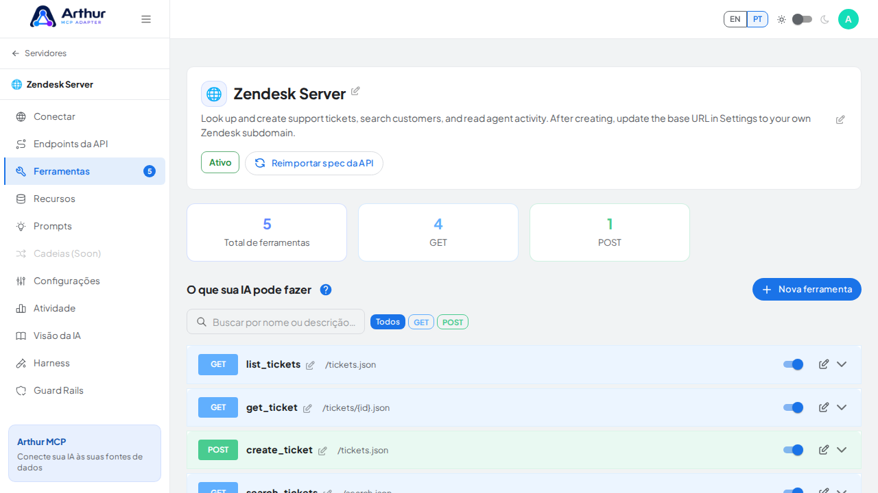 Revise as ferramentas geradas a partir do template Zendesk