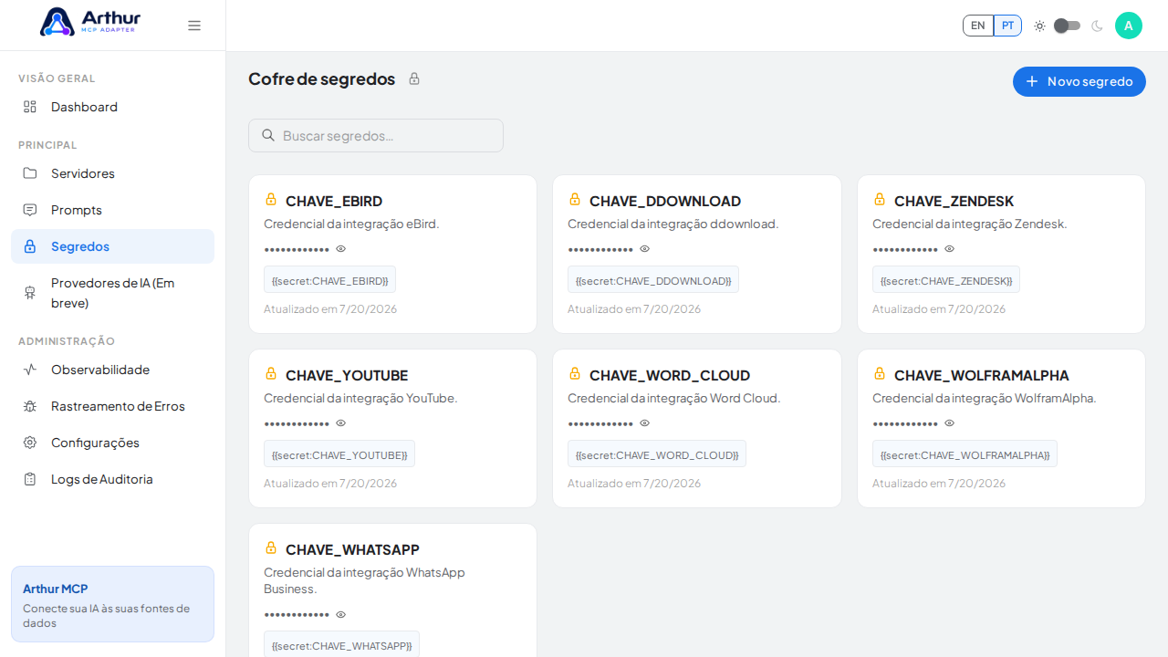 Abra o Cofre de segredos para guardar a credencial do mailjet antes de usar o template