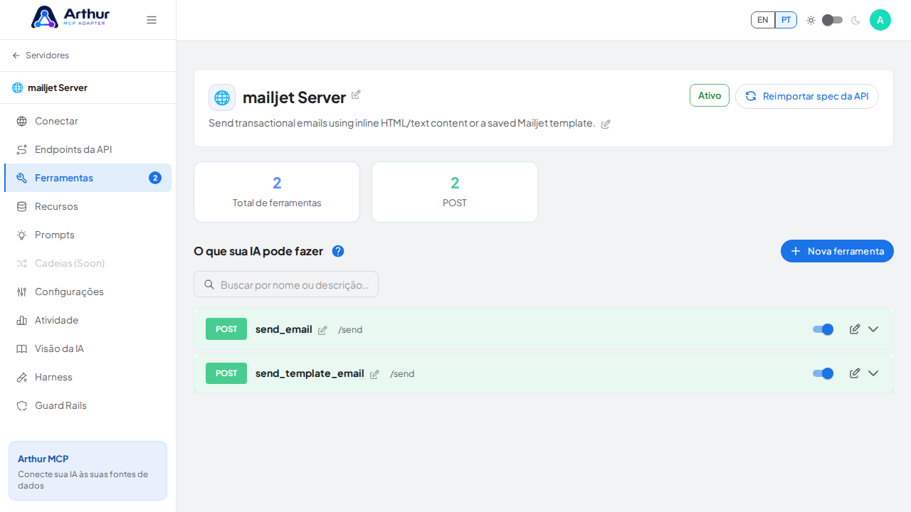 Revise as ferramentas geradas a partir do template mailjet