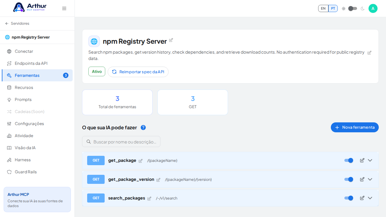 Revise as ferramentas geradas a partir do template npm Registry